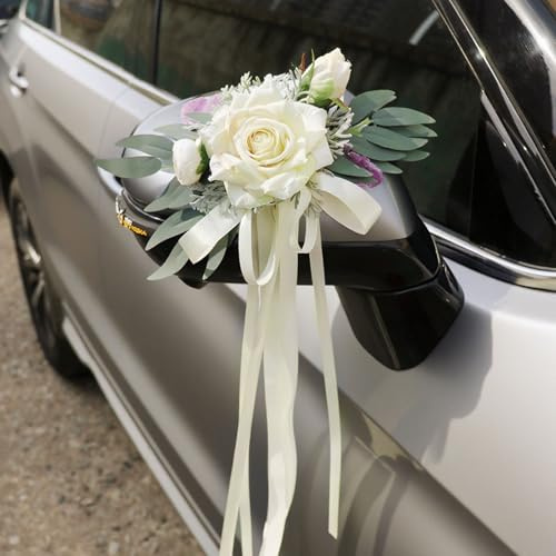 CAIJ 2 Stück Hochzeit Autoschmuck, Hochzeit Autoschleifen, Vintage Hochzeits Künstliche Blume mit Saugnäpfen für Auto Rückspiegel, Creme