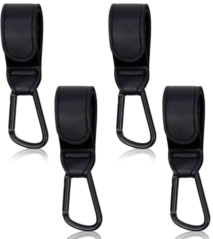 JEYORZY 4 Pezzi Ganci Passeggino Universali,Ganci per Passeggino Porta Borse in Pelle,per Cambio Bambino,Porta Borse Della Spesa,Zaini,Mamma Pannolino Borsa(Nero)
