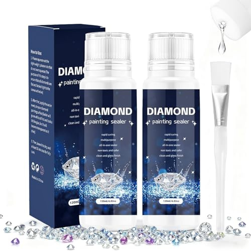 Diamond Painting Versiegelung mit Pinsel, 2 x 120ml Diamond Painting Kleber mit Schwammkopf, Versiegelung Diamond Painting, Strahlend, Schnelltrocknend, Staubdicht, Diamond Art Sealer