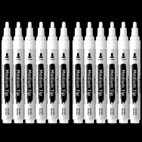 TECADA 12 White Paint Pens - Permanent Acrylic Paint Markers, Waterproof Quick-drying Water-based Marker Pen for Rock, Fabric, Wood, Tire, Plastic, Metal, Glass, Ceramic and More DIY Craft, Medium Tip