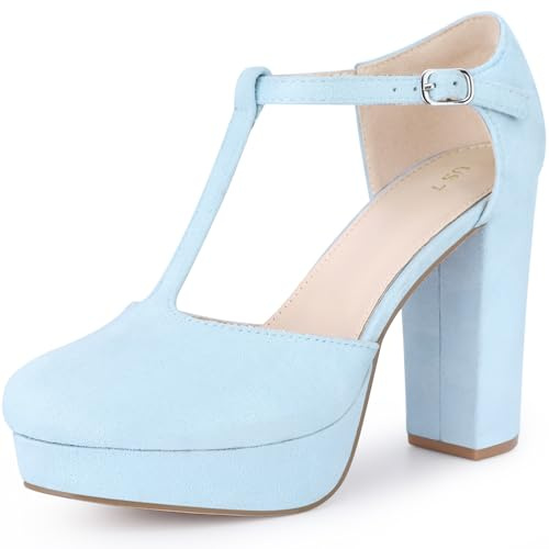 Allegra K Women's Platform Chunky Heel Mary Janes Retro T-Strap Pump | Retro T-strap platform chunky heel pumps. Mary Jane style. Cushioned insole. Non-slip outsole. Vintage.