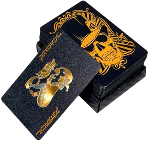YAZWUR Wasserdichte Diamant Spielkarten, Black Skull Poker Karten, Poker Kartendeck, Kunststoff Pokerkarten für Kartenspiele und Reisespiele (Schwarzgold)