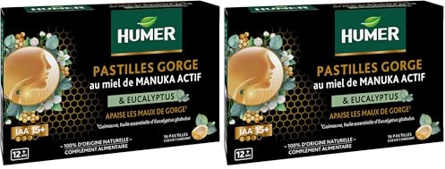 Humer - Pastilles Gorge Cœur Liquide Manuka 15+ - Apaise la gorge en cas de gêne - Formule 100% d'origine naturelle - Miel de Manuka, Guimauve et Huile essentielle d'Eucalyptus - 16 pastilles
