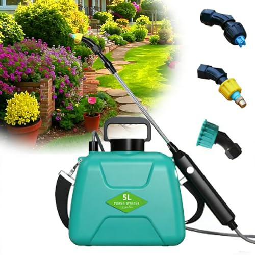 Drucksprüher Akku 5L, Elektrischer Pflanzensprüher mit 3 Düsen, Einziehbarer Stab, Verstellbarer Schultergurt, Gartenspritze Akku für Garten, Rasen
