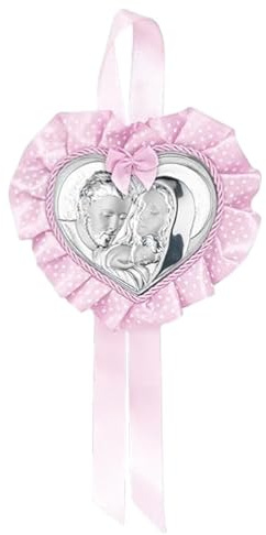 Albalù Sopraculla Medaglione Cuore Sacra Famiglia Argento Rosa con Carillon Musicale e Scatola Inclusi Misura 25x12cm Made in Italy