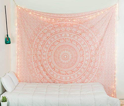 Popular Handicrafts Wandteppich für das Schlafzimmer, Hippie-Mandala, Boho-Wandteppich, Blumenmuster, indische Wandteppiche mit magischen Motiven, Studentenwohnheim-Deko, 215 x 230 cm, Roségold