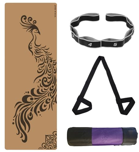 Tpe Yogamatte Kork, Rutschfeste Fitnessmatte mit Tragegurt, Aufbewahrungstasche, Spanngurt, für Yoga Pilates üBungen Heim Fitnessstudio