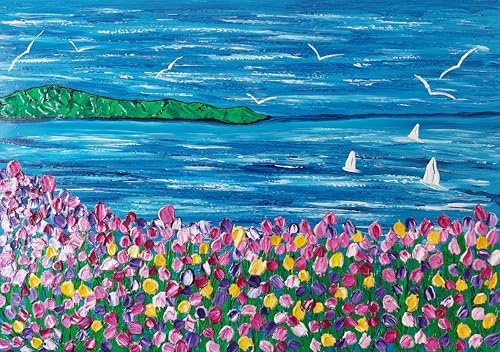 DORON ARTE QUADRO MODERNO ASTRATTO DIPINTO A MANO TELAIO GALLERY BORDI DIPINTI - MARE E FIORI - 50x70x4 cm -RIF151