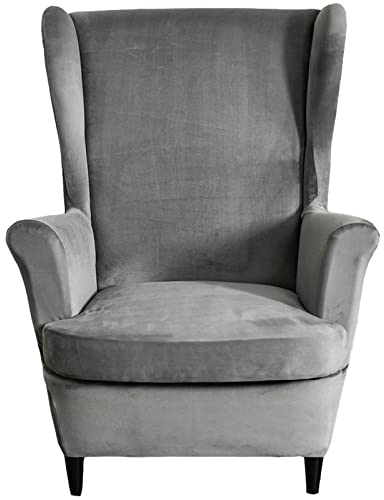 JHLD Stretch Husse Für Ohrensessel, 2 Stück Samt Husse Für Ohrensessel Weiche Elastische Ohrensessel Schonbezug Sesselbezug Maschinenwaschbar Für Wohnzimmer-grau-Ohrensessel