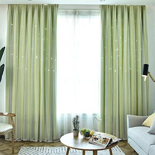 Bestenrose Vorhang Doppelschicht Blackout Vorhänge 1 Stücke Kinderzimmer Verdunkelungsvorhang Hohle Sterne Verdunkelung Vorhänge mit Voile Kinder Gardinen mit Kräuselband (Grün, B150 x H250 cm)