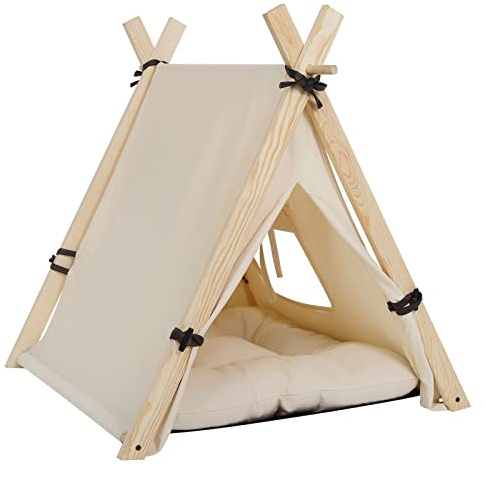 Tipi Hundezelt mit Bettkissen für Französische Bulldogge Mops Dackel Abnehmbares waschbares Haustierzelt Haus Hundehütte Katzenkäfig,60 x 70 x 60 cm,