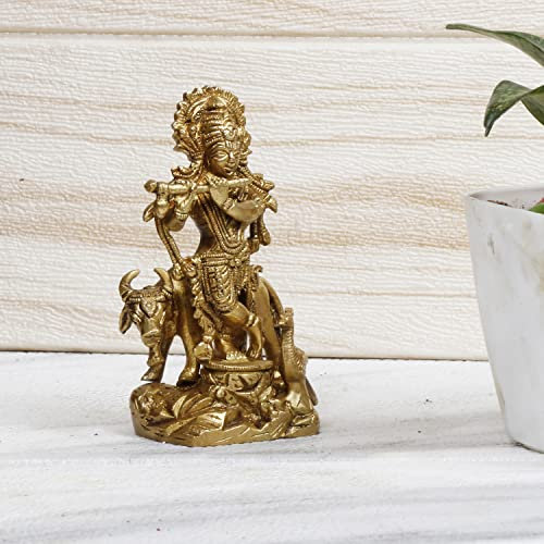 ARTVARKO Lord Krishna God Murti Statue en laiton de la flûte d'amour jouant avec la vache et le paon Décoration d'intérieur Salon Pooja Temple Mandir Hauteur 11,4 cm