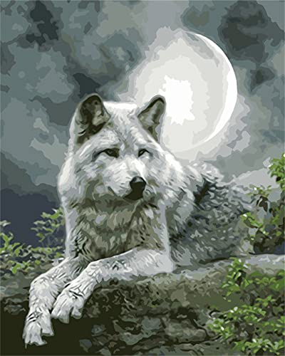 CaptainCrafts Malen nach Zahlen Erwachsene, Malen nach Zahlen Anfänger DIY Ölmalerei Kit 16x20 Zoll Kunsthandwerk Geschenk Zuhause Wanddekoration (Ohne Rahmen, Wolf im Mondlicht)