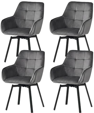 CLIPOP Esszimmerstühle 4er Drehbar Set mit Armlehne, Samt Polsterstuhl Gepolstert Sitz Küchenstuhl Drehstuhl Armlehnenstuhl für Esszimmer Wohnzimmer Büro (4er Set, Samt Dunkelgrau)