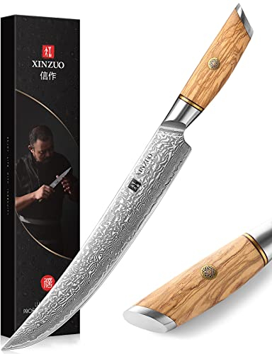 XINZUO 25.3cm Coltello per Affettare Acciaio Damasco Coltello Carn, Affilata Forgiata Coltelli da Intaglio Professionale Coltello da Cuoco Multiuso Coltello- Manico in Legno d'Ulivo
