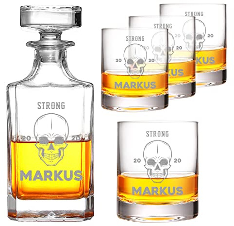 polar-effekt 5-TLG Whisky Karaffe Set 700 ml mit Wunschgravur - Motiv: Totenkopf - personalisiert - von Hand gefertigt - 1x Dekanter, 4X Tumbler 320 ml - Kristallglas - quadratisch - Papa, Opa, Mann