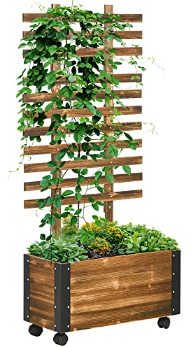 Outsunny Jardinière avec Treillis - bac à Fleurs avec Tissu Non tissé et roulettes - 65 x 31 x 147 cm Bois Sapin pré-huilé