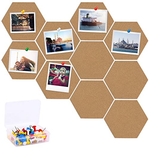 Towviy Pinnwand Kork 10 Stück Selbstklebende Sechseckige Korkplatte DIY Wanddeko mit 50 Stück bunten Pushpins Korkpinnwände Memoboard Korktafel Dekoration für die Foto Notizen Bilder Büro