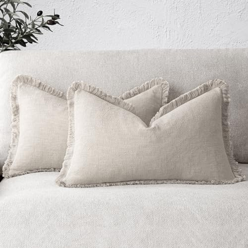 Foindtower Set of 2 Decorative Lumbar Pillow Covers, Linen Fringe Boho Throw Pillow Covers with Tassels, Cosy Pillow Covers for Sofa, Couch, Bed, Living Room, Home Decor, 28 x 48 cm, Natural Beige | Set of 2 Decorative Farmhouse Cushion Cover,Soft Cozy Accent Pillowcase with Tassels,Home Decor for Sofa Couch Living Room