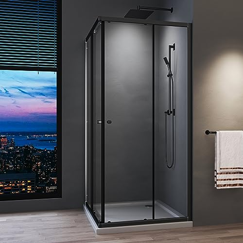 Duschkabine 90x90cm Eckeinstieg Schiebetür,Doppel Schiebetür Eckeinstieg Duschwand 6mm ESG Glas Duschabtrennung Dusche Duschwand,Schwarzer Rahmen,Montage auf Duschwanne Oder Fliese,Höhe 185cm