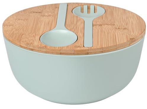 LOVYANXUE Ensaladera de fibra de bambú con servidores, juego grande de 9.8 pulgadas, cuenco de bambú natural con servidores con tapa, cuchara y tenedor para frutas, ensaladas y verduras