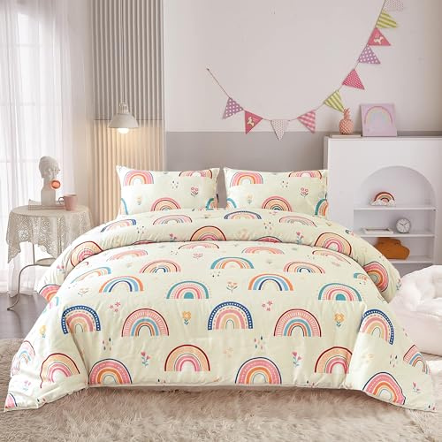 Btargot Lightweight Soft 3 Piece Rainbow Comforter Set with 2 Pillow Covers, Cartoon Love Hearts Flowers and Grass Bedding Set for Girls Kids, Twin Multi-Color