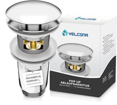 Yelcona Universal Drain Fitting with Overflow - Pop Up Valve for Sink and Washbasin - Brass Drain Valve Drain Fitting (Chrome - with Overflow)