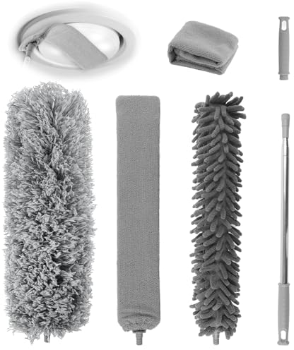 Staubwedel Teleskop, 6er Set Staubwischer Lang Ausziehbar Bis 250cm, Staubbesen Mikrofaser Waschbar mit Teleskop Stange Edelstahl, Verbiegbare Eckbesen für Decken Deckenventilator Spinnweben (Grau)