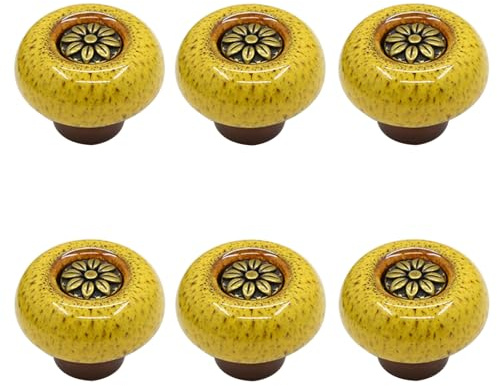 6 Stück Keramik Griff Runde Schrankknöpfe Vintage Schubladengriffe Türknöpfe Möbelknöpfe Küchengriffe mit Schraube für Küchenschränke,Kommode,Schubladen,Möbel,Heimdekoration (A,Yellow)