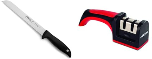 Arcos Cuchillo para pan 8 pulgadas con Hoja Acero Inoxidable Nitrum 200 mm, Obtenga una gran variedad cortes para su comida, Color negro & Afilador Profesional con Mango Ergonómico