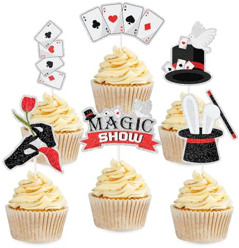 Magic Show Cupcake Toppers - 18pcs Poker Themed Las Vegas Casino Themed Cupcake Picks - Magical Birthday Baby Shower Party Decorations
