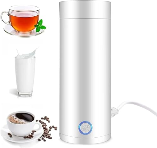 Travel Kettle, 400ML Small Portable Electric Water Heating Cup, 3 in 1 Fast Boil Heater Teapot Mug for Tea, Coffee, Milk, Stainless Steel (White)