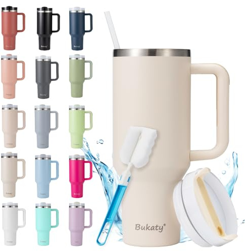 Bukaty Thermobecher mit Strohhalm 40oz/1.2L, Trinkbecher mit Deckel und Strohhalm, Edelstahl Vakuum Isolierbecher mit Henkel, Großer Kaffeebecher to go Autobecher für Heiße & Kalte Getränke, Elfenbein