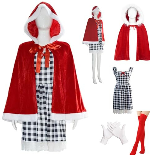 Lioskey Cindy Lou Who Christmas Costume Plaid Cindy Lou Christmas Party Dress Red Velvet Hooded Cape(Costume,XXL)