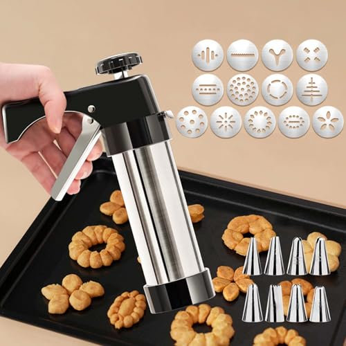 Presses à Biscuits, Seringue Patisserie, Seringue à Pâtisserie en Acier Inoxydable avec 13 Disques et 8 Buses DIY Baking Cookies, Cakes Presse à Pâtisserie