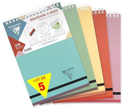 Clairefontaine 327025C - Packung 5x Spiralblock Linicolor Essence, DIN A5, 50 Karteikarten Lernkarten kariert, 5 Farbstreifen, Einband aus PP, 1 Pack