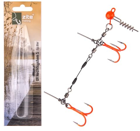Zite Fishing Hechtsystem UV Aktiv Größe S 9cm | 5-20g Stinger Fertigmontage | Gummiköder mit Screw-In-Jighead | Softbait Angsthaken Drillinge | Spinn-System Montage für Hechtköder 15-20cm