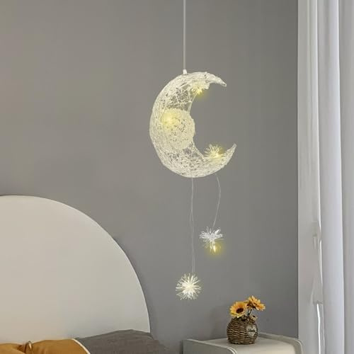 Wiyuer Kreative Fairy Lampe LED Pendelleuchte Moon Sterne Design Aluminium Hängelampe Warm Deckenleuchte mit 5 Glühbirnen für Kinderzimmer Schlafzimmer
