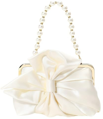 Pandalein Damen Schleife Clutch Seide Abendtasche Brauttasche Kleidertasche Handtasche mit Metall Henkel Kette für Hochzeit Wedding Prom Party