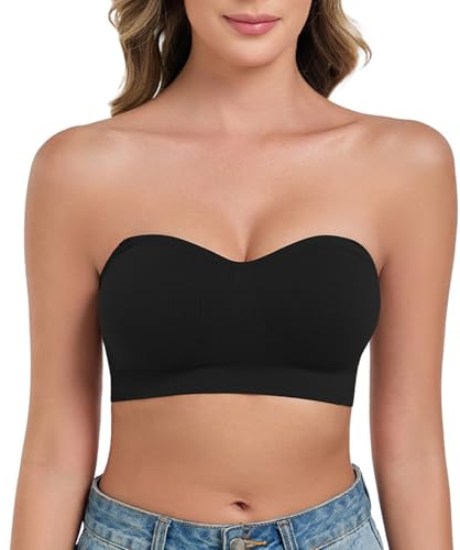 ANGOOL Strapless Bras for Women Non Wired Bandeau Bra Seamless Padded Non Slip Stay Up Supportive Lift Lightweight Breathable Multiway Bra, Black, L