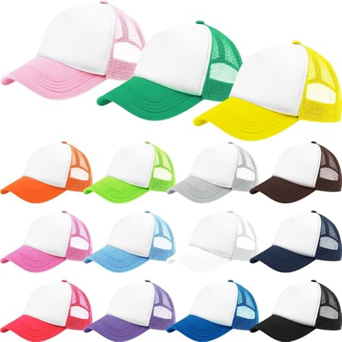 TESIN 15 Stück Kinder Trucker Caps zum Sublimieren – Unisex DIY Mesh Baseballmützen – Verstellbare Polyester Basecaps für Jungen & Mädchen Sommer Outdoor Sport Strand Party (Mehrfarbig)