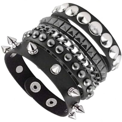 Funngy Pulseras de Cuero Punk,3 PCS Pulseras de Cuero Punk Rock para Hombre Juego de Pulserass de Cueros con Tachuelas Ajustables Estilo Gótico de los 80 Regalos para Hombres y Mujeres
