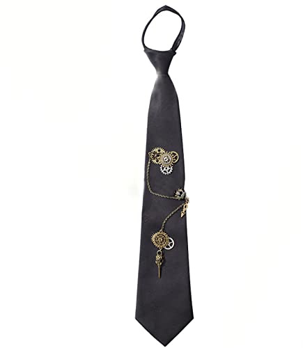 Gissroys Cravate gothique punk noire avec chaîne d'engrenages en métal vintage steampunk pré-nouée réglable fermeture éclair cravate accessoire de costume noir nœud papillon pour homme pré-noué