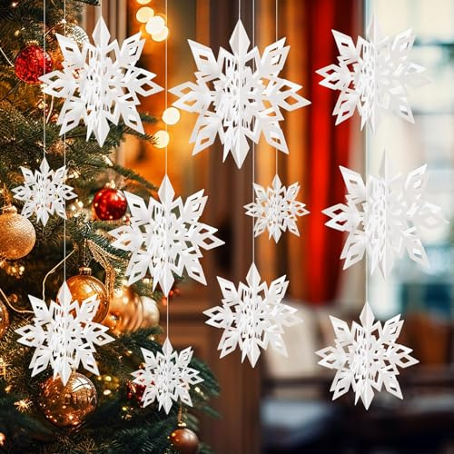 ALEGRE® 3D Schneeflocken Deko Weihnachten, 12 Stück Weihnachtsbaum Deko Schneeflocken mit 3 Verschiedenen Größen, Papier Weiß Schneeflocke Weihnachtsdeko zum Aufhängen für Weihnachtsfeier Dekoration