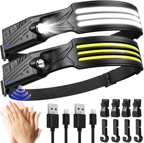 MLIAIMCE Lampe Frontale LED Ultra Puissante,2 Pièces 3000 Lumens Super Lumineux 230° 3*LED Torche Frontale Rechargeable,Étanche IPX5 Capteur De Mouvement 0.14lb léger,Pour Pêche,Camping,Cyclisme