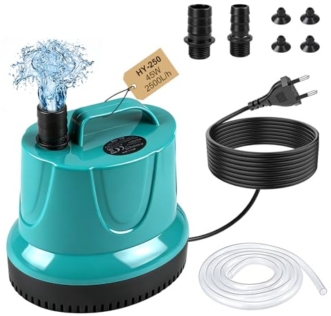 EXLECO Kleine Teichpumpe 45W 2500L/H Tauchpumpe Schmutzwasserpumpe Grün | Aquarium Wasserpumpe Mini mit 2 Düse Schlauch，Flachsaugend Pumpe als BrunnenpumpeFörderpumpe Umwälzpumpe für Teich Pool