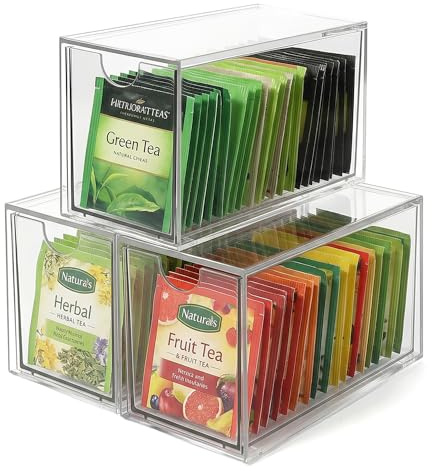 BRRDAQU Teebeutel Aufbewahrungsbox Acryl mit 3 Schubladen Stapelbare Teebox Transparente Organizer Box Modulare Teeaufbewahrung für Kaffeekapseln Süßstoff für Küche Arbeitsplatte (16.4 * 9.9 * 7.8cm)