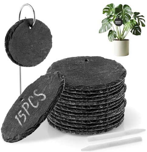APACALI 15 stycken växtskyltar för märkning, skiffer växtskyltar för utomhusbruk, skiffer inklusive kritpenna, växtpinnar för örter, blommor, grönsaker, 9 x 7 cm