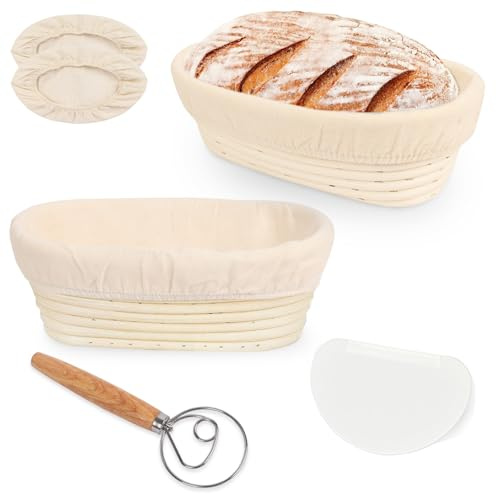 2pcs Rattan Bread Proofing Basket, 10 inch Oval Bread Proofing Basket, Sourdough Proving Baking Kit Cloth Liner, Sourdough Essentials for Professional and Home Bakers (2PCS Basket + 2KIT)
