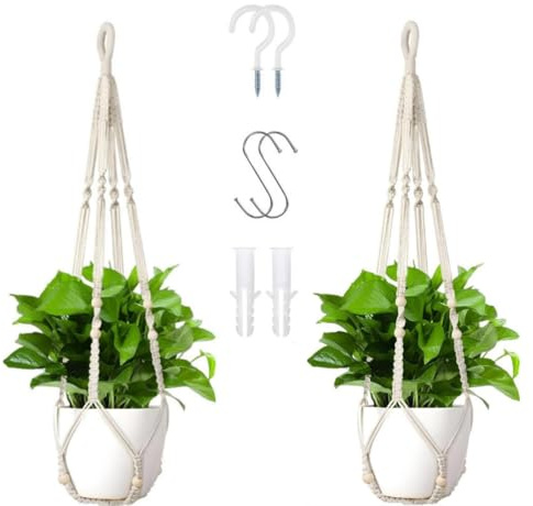 2 Pieza Colgadores de Macramé para Plantas, Soporte para Plantas Colgantes, Cesta de Cuerda de Algodón para Colgar Macetas de Pared, Colgador de Macetas para Interior y Exterior Jardín Balcón Techo